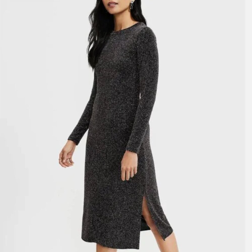 LOFT Petites Black Multicolor Shimmer Long Sleeve Midi Dress